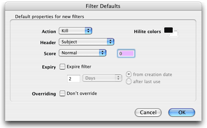The Filter Defaults dialog