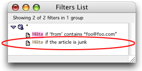 The junk filter in the filters window
